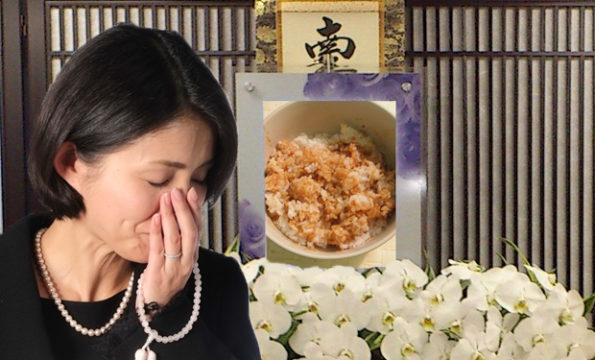 Woman mourns the death of white rice by soy sauce